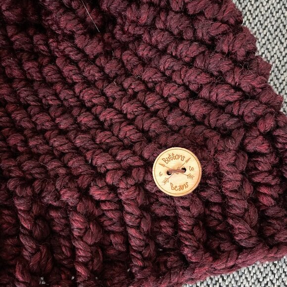 Merlot, Dark Red, Adult, Mens, Ladies Ivory crochet hat, faux fur Pompom, - Picture 5 of 6